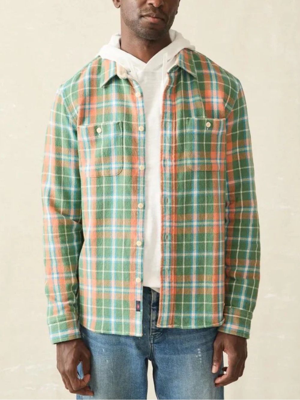 Faherty The Surf Flannel Overshirt Green Orange Plaid Organic Cotton Heavy-Large
